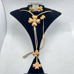 VTG Hattie Carnegie Peach Enamel Dogwood Lariat Bolo Necklace/Earrings/Pin Set
